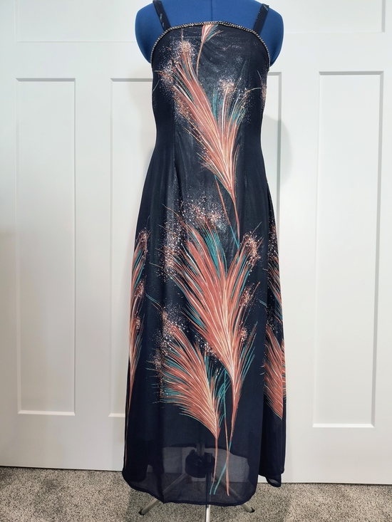 Dresses & Skirts - Navy Blue Maxi Dress with Coral & Teal Feather Print